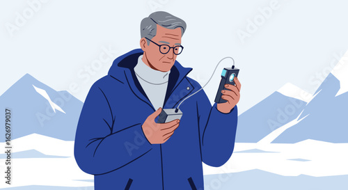 Elderly caucasian male listening to music on mp3 player in snowy mountain landscape. Vector illustration