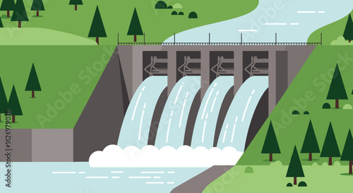 Hydroelectric dam with cascading water in lush forest landscape. Vector illustration