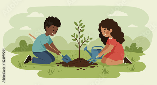 African male child and hispanic female child planting tree together in park. Vector illustration