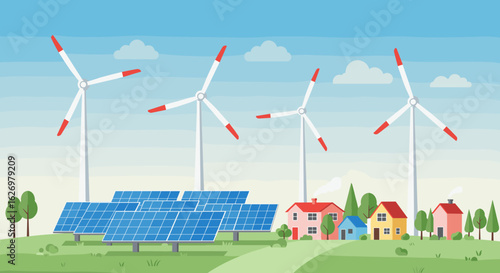 Sustainable energy scene with wind turbines and solar panels near residential area. Vector illustration