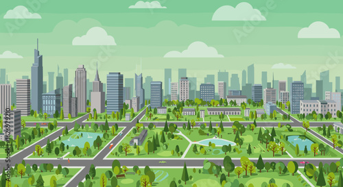 Urban park with city skyline and green spaces on a clear day. Vector illustration