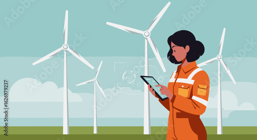 Female engineer in orange uniform at wind farm with digital tablet. Vector illustration