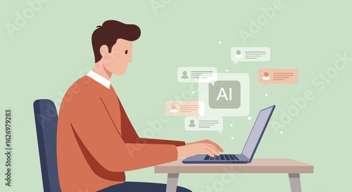 Caucasian male engaging with ai on laptop in modern workspace setting. Vector illustration
