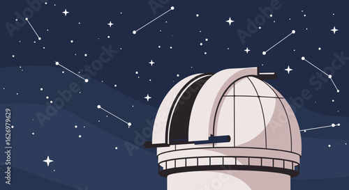 Stargazing observatory under constellation-filled night sky. Vector illustration