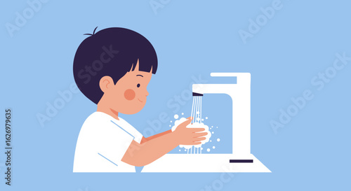 Asian child washing hands at sink with soap and water for hygiene and health on blue background. Vector illustration