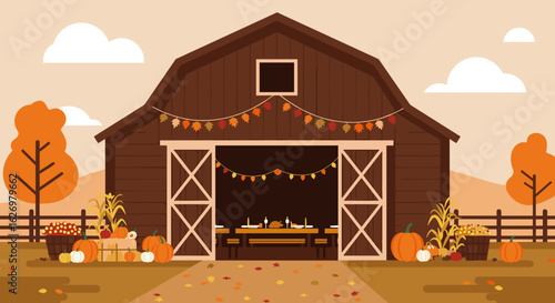 Rustic autumn barn scene with pumpkins and cornstalks in a festive setting. Vector illustration