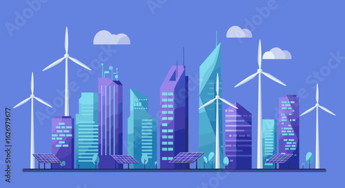 Sustainable urban skyline with wind turbines and solar panels in modern city. Vector illustration
