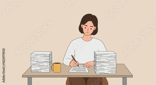Asian female adult writing at desk with stacks of papers and coffee mug. Vector illustration