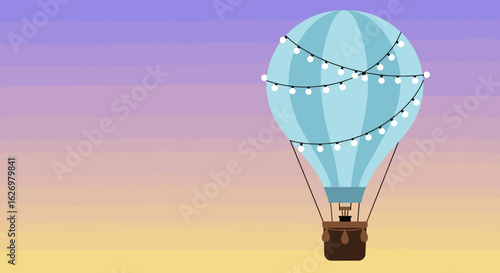Striped hot air balloon with twinkling lights against sunset sky. Vector illustration