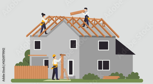 Team building roof on house with construction workers in safety gear. Vector illustration