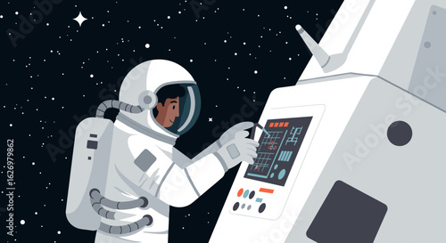 Male astronaut in space suit operating spacecraft controls against starry night sky. Vector illustration