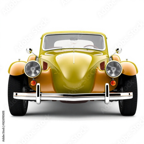 Front view of a yellow vintage car with chrome bumper and headlights on a white background studio shot created with generated ai