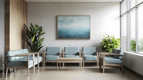 Modern waiting area design with comfortable seating and artwork for healthcare or office spaces