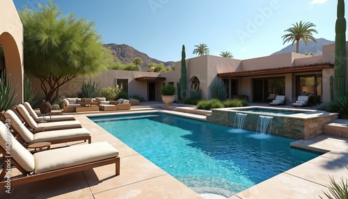 Luxurious desert oasis features modern home with large swimming pool, spa. Outdoor living area with comfortable lounge chairs, rich landscaping, palm trees, mountains in background. Perfect for