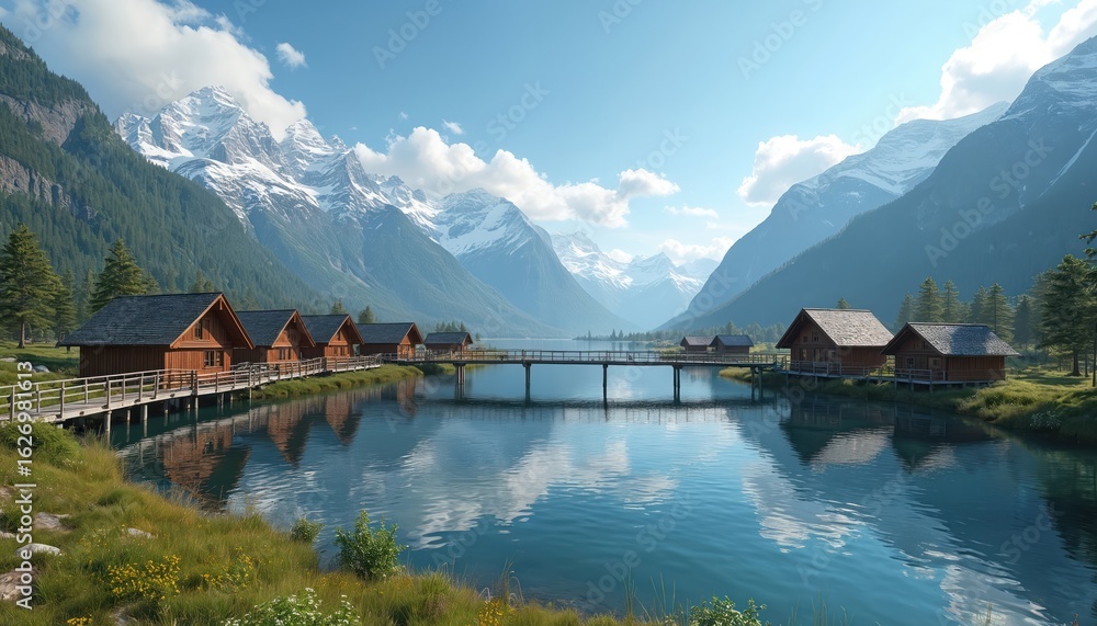 Naklejka premium Scenic lake landscape with wooden cabin structures on tranquil water. Mountains, blue sky with clouds. Wooden bridge connects lakeside buildings. Peaceful rural setting ideal for vacation, fishing,