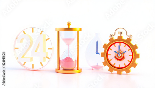 A collection of time keeping devices including a clock, hourglass, and a timer on white surface created with generated ai