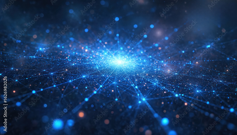 Obraz premium Vast cosmic network with glowing blue threads connects celestial patterns across a starry background. Infinite universe illustrates ethereal light, dark matter, and space exploration concepts.