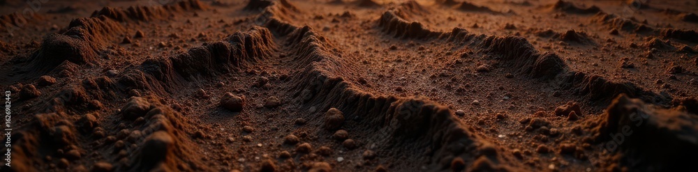 Fototapeta premium Dark brown earth texture, rich in organic matter, deeply furrowed , textured, loam