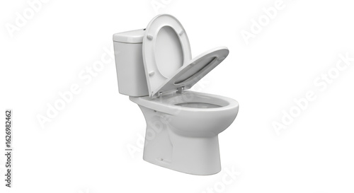 A white ceramic toilet isolated on transparent background with the seat up
