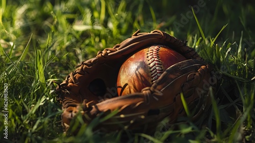 Baseball in glove on grass field, sports equipment outdoor summer game, close up view, sunlight day