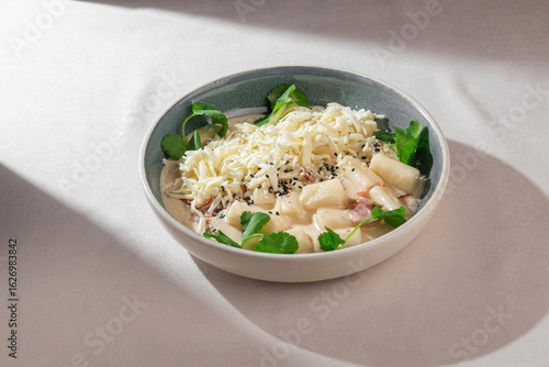 Soft Korean rice cakes in creamy cheese sauce with sesame seeds and fresh greens served in a ceramic bowl under natural light