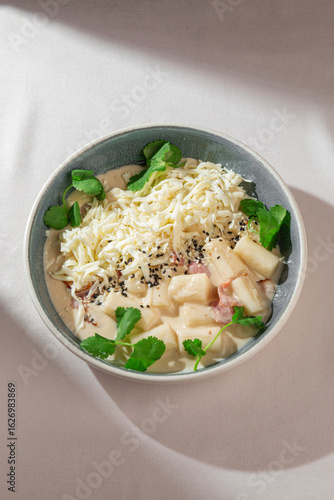 Soft Korean rice cakes in creamy cheese sauce with sesame seeds and fresh greens served in a ceramic bowl under natural light