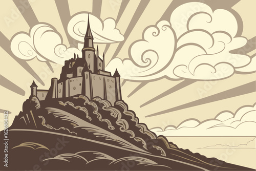 Stylized illustration of a medieval castle on a hill under a dramatic sky