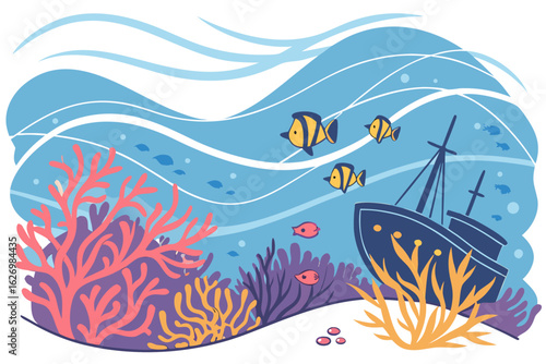 Cartoon shipwreck and colorful coral reef with fish underwater