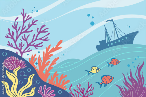 Cartoon shipwreck with colorful coral and fish underwater scene