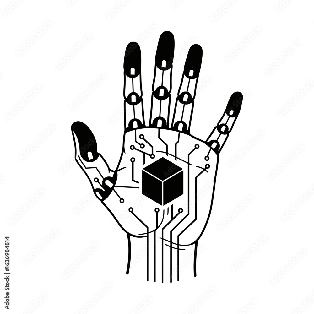 Fototapeta premium Robotic hand with cube and circuit patterns isolated on white background