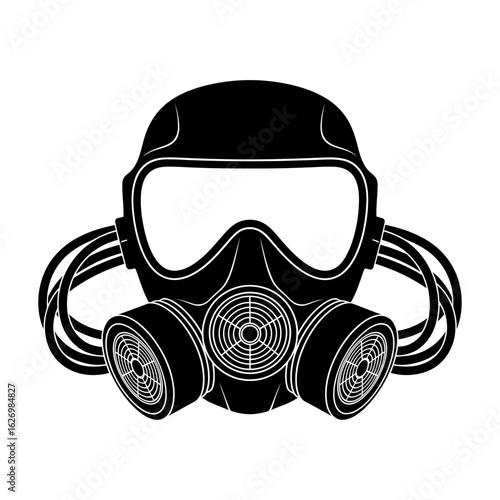 Black gas mask with filters and tubes isolated on white background
