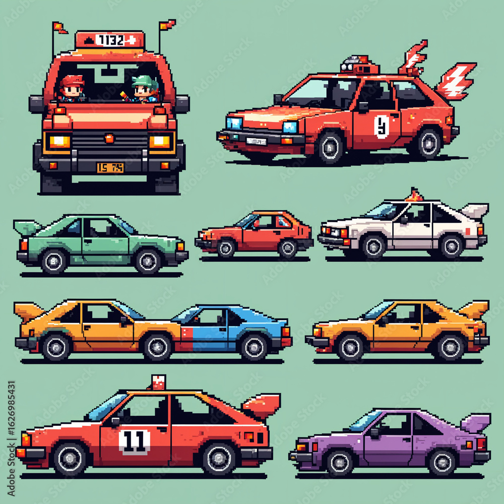 Naklejka premium gameart illustration 80s-style pixel car, as sprites for a racing game