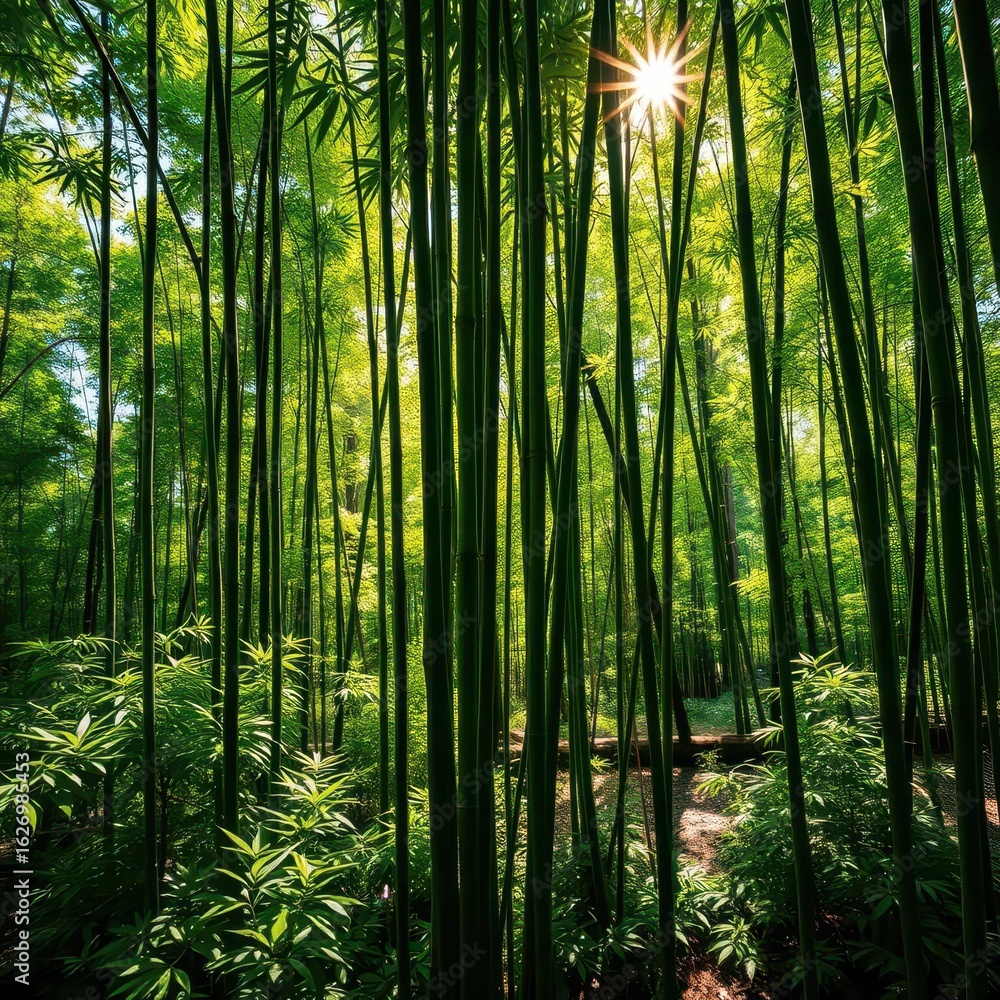 Obraz premium Sun-dappled bamboo stalks, lush green foliage, shadows on forest floor, organic, stock photo, bamboo grove