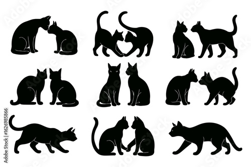 Black cat silhouettes interacting with each other isolated on white background