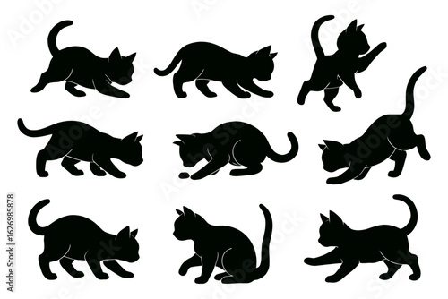 Collection of black cat silhouettes in playful poses isolated on white background