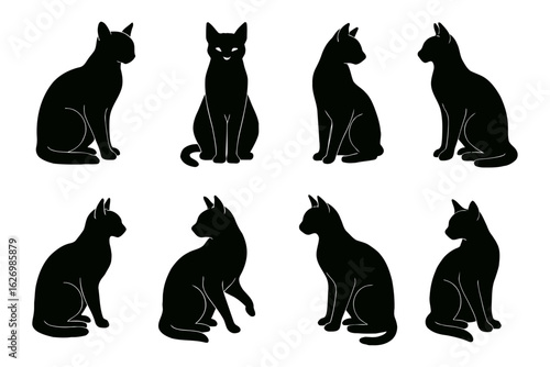 Collection of black cat silhouettes in sitting poses isolated on white background