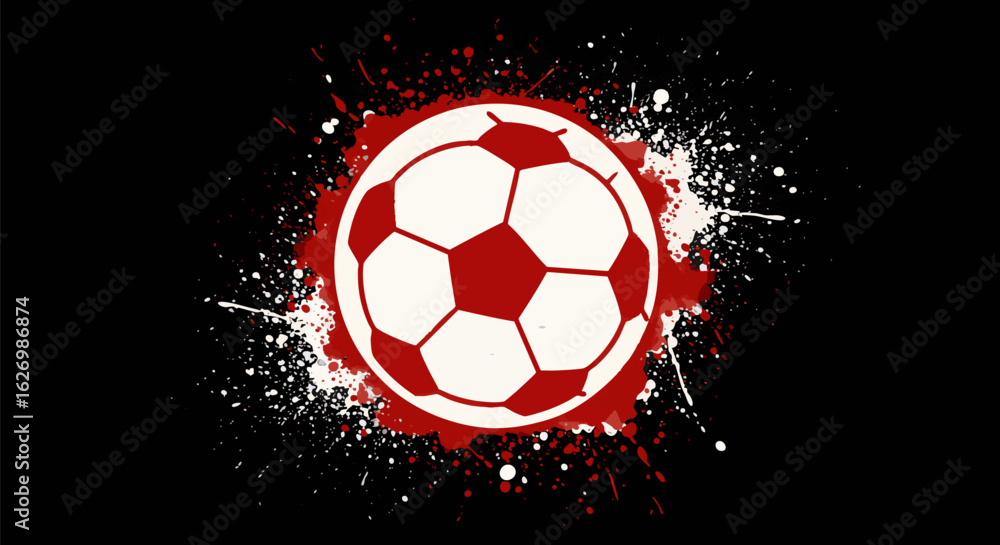 Fototapeta premium Vector illustration of a soccer ball with a red and white grunge paint splatter effect on a black background, representing sports and competition