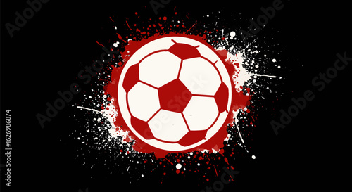 Vector illustration of a soccer ball with a red and white grunge paint splatter effect on a black background, representing sports and competition