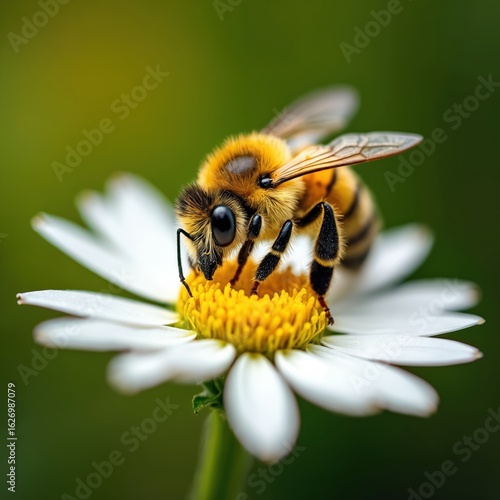 Wallpaper Mural Macro illustration of fuzzy bee with pollen on body, head deep inside delicate white wildflower. Insect collecting nectar, pollination process. Soft focus background enhances bee, bloom detail. Torontodigital.ca