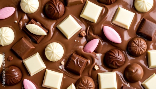 Generative AI melted liquid chocolate texture background, some bitter white and pink chocolate parts falling in this liquid