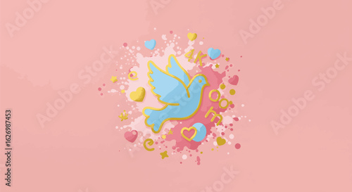 Dove Symbol with 'Love' and Decorative Elements Against a Soft Pink Background Concept for Romance