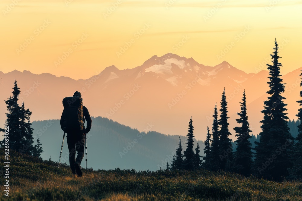 Fototapeta premium Hiker explores breathtaking mountain landscape at sunset in the wilderness