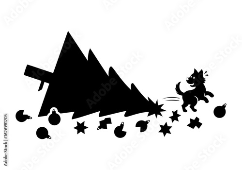 A playful dog knocks over a christmas tree isolated on white background