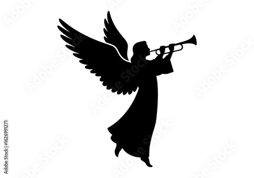 Silhouette of an angel playing a trumpet isolated on white background