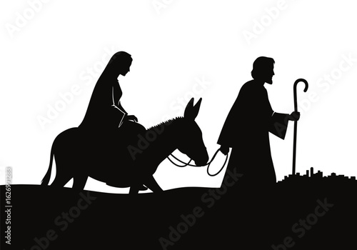 Silhouette of mary and joseph on a donkey isolated on white background