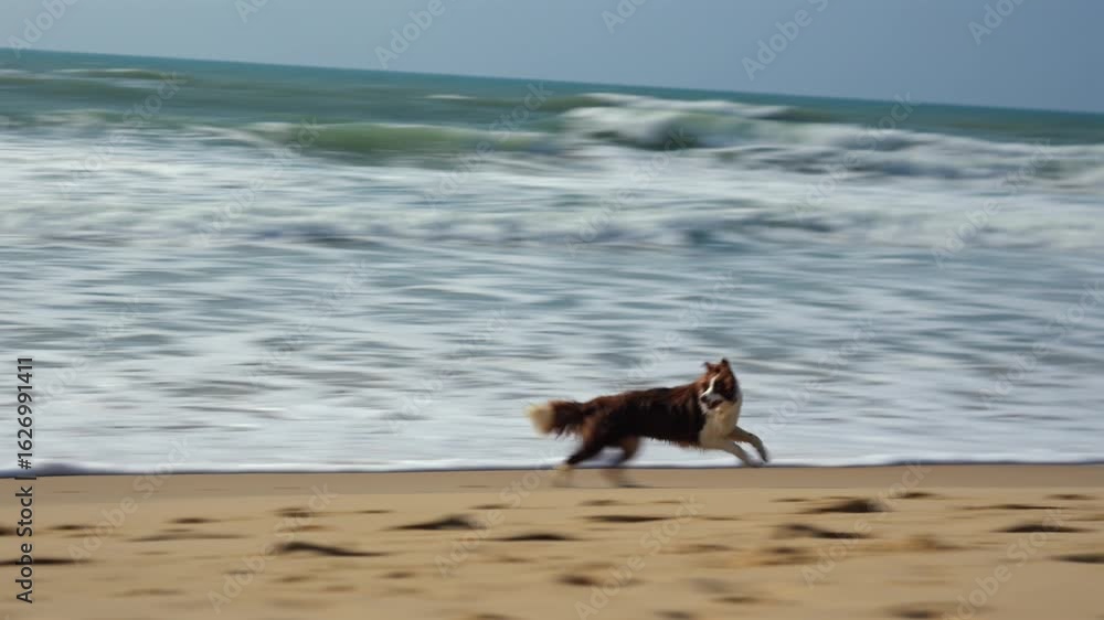 Playful dog running along beach with paw prints and ocean waves in sunlight Playful dog running along beach with paw prints and ocean waves in sunlight