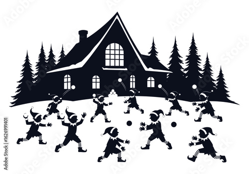 Elves having a snowball fight in front of a house isolated on white background