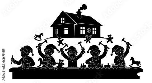 Silhouette of elves working in santas workshop making toys for christmas