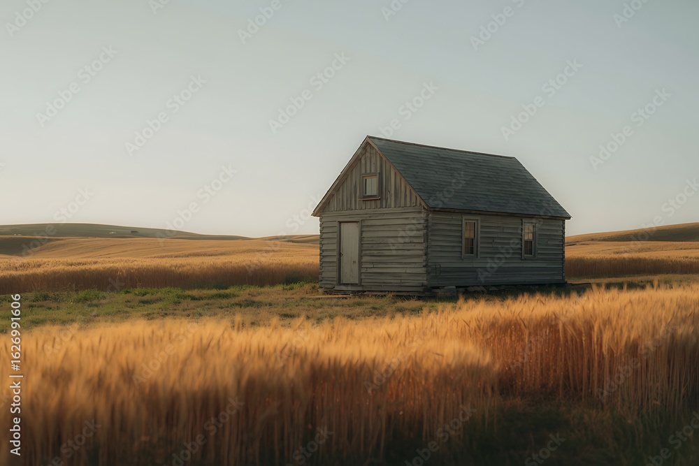 Rustic wooden cabin nestled amidst golden wheat fields under a serene sky, evoking tranquility and rural charm. Rustic wooden cabin nestled amidst golden wheat fields under a serene sky, evoking tranquility and rural charm.
