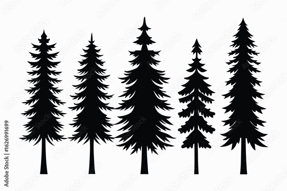 Obraz premium Vector art of silhouettes of evergreen trees isolated on white background